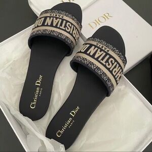 Dior Black Slides with Beige Logo Jacquard Band